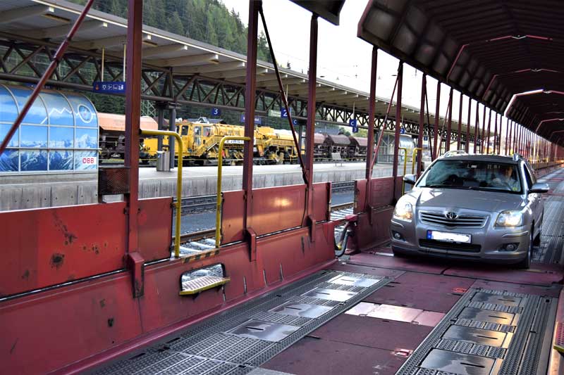 Loading up the car on the railcar at Autoschleuse Tauernbahn