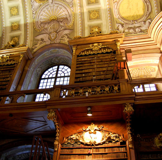 The magnificent shelves and ceiling in the Austrian National Library in Vienna, Austria