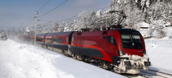 Railjet from the Austrian State Railway in a winterlandscape